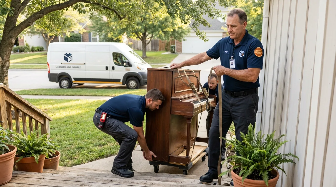 Licensed piano movers securing grand piano in Plymouth Meeting, PA