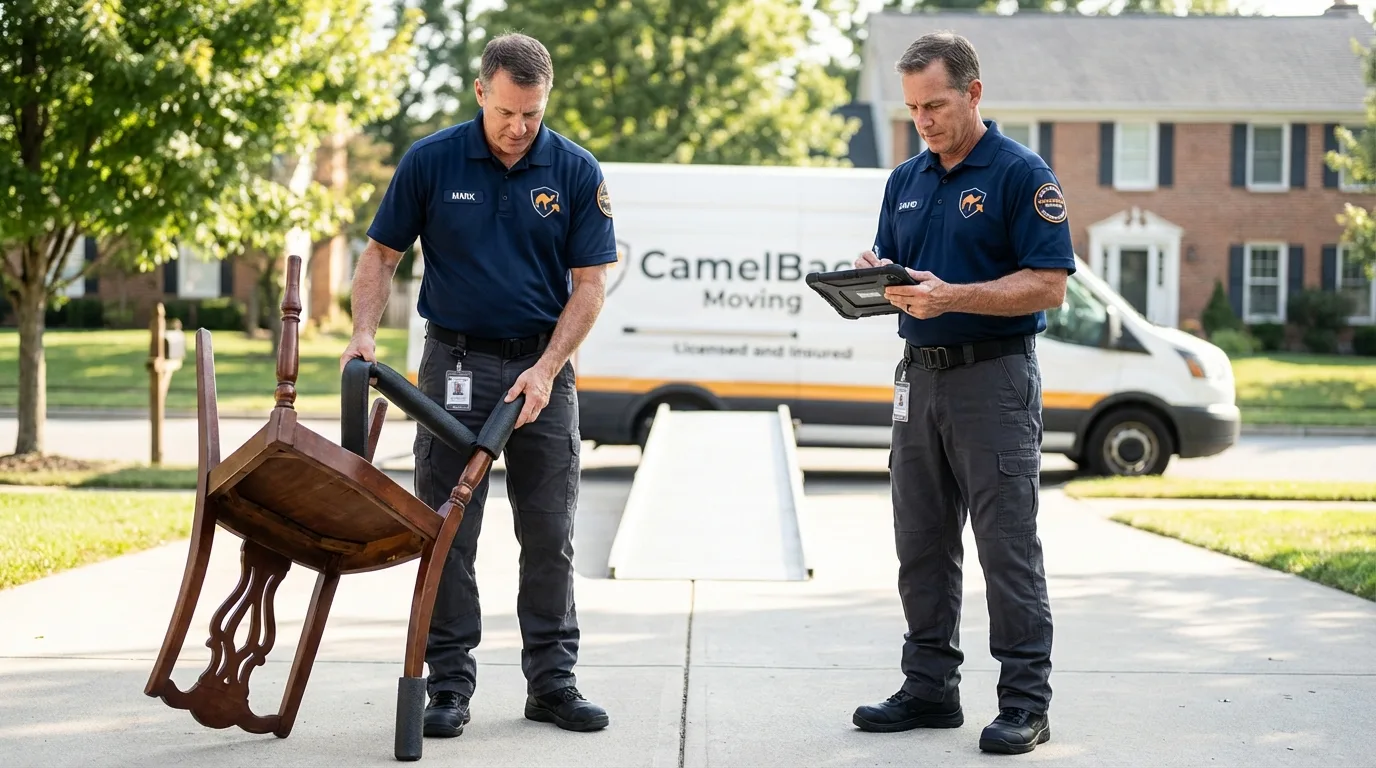 Movers inspecting furniture for damage prevention before loading in Plymouth Meeting, PA