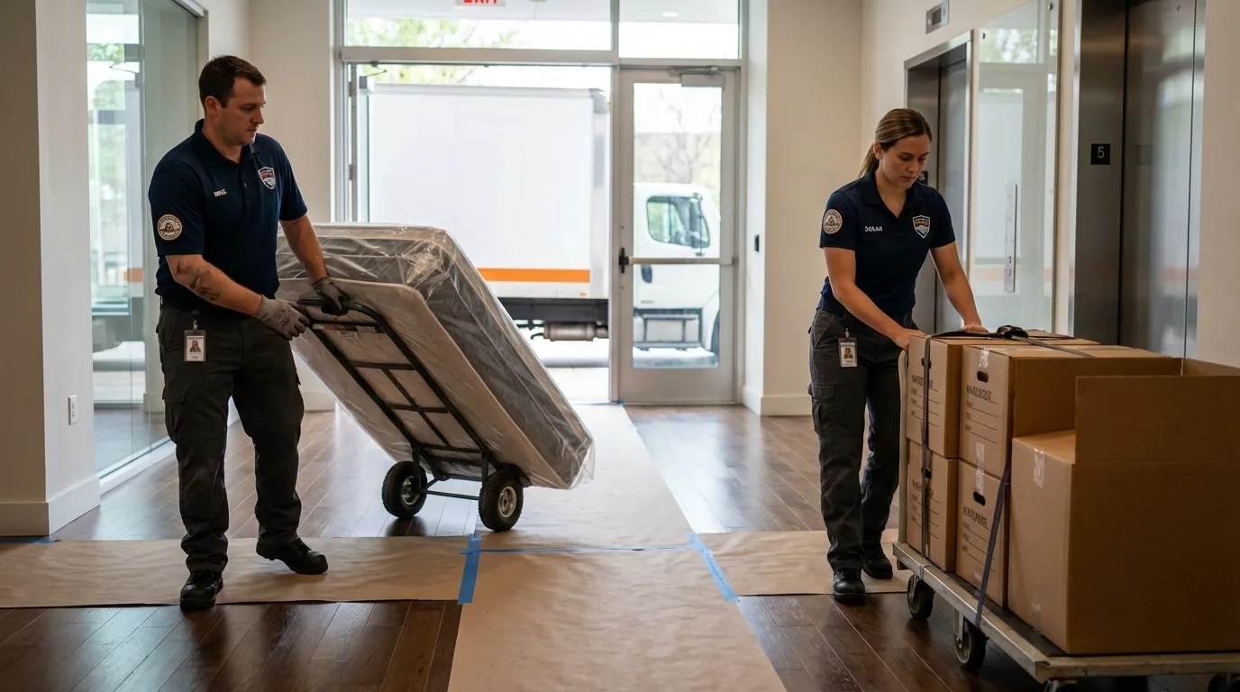 Professional apartment movers loading elevator in Plymouth Meeting, PA