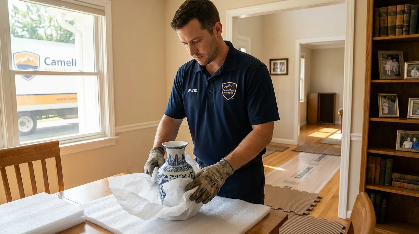 Professional crew carefully wrapping antique vase for senior downsizing move in Plymouth Meeting, PA